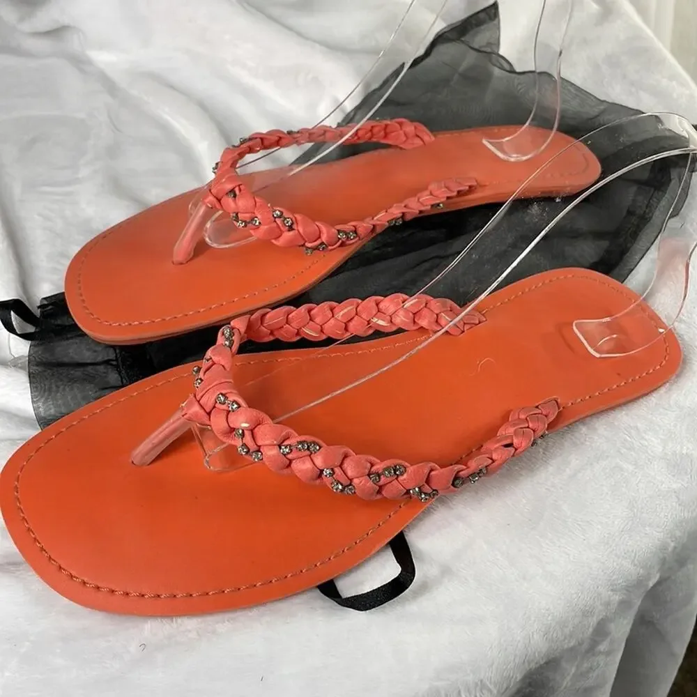 Coral Braided Jeweled Strap Flat Flip Flop Size 11/12.  Beach Coastal Summer Fun